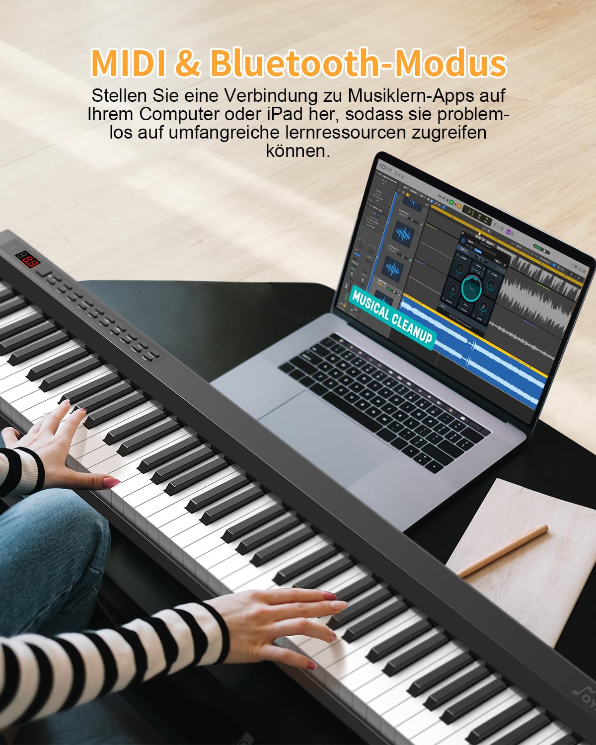 Digitalpiano 88 Tasten, Halbgewichtete Tastatur, Bluetooth MIDI, E-Piano mit X-Ständer, Sustain-Pedal, Notenständer und Tragetasche für Anfänger, Kinder und Erwachsene