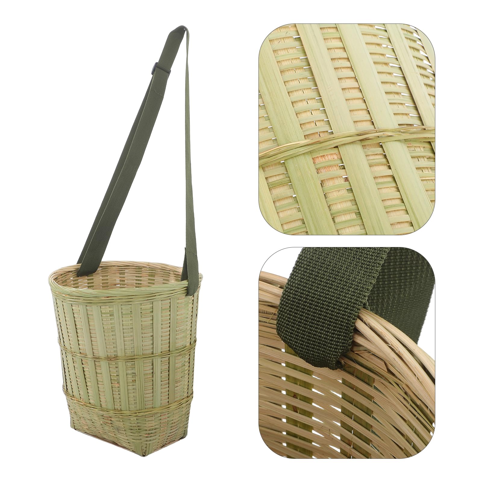 Operitacx Cesto in Bambù Intrecciato a Mano 30x26x26 Cm con Tracolla per Raccolta Frutta e Verdura, per Picnic All'aperto e Organizzazione Naturale