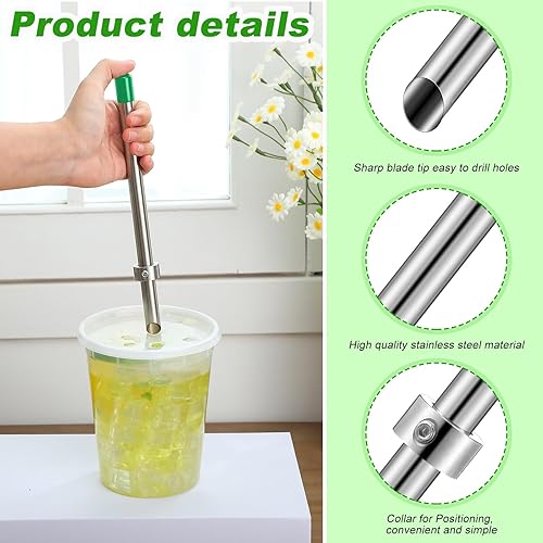 Miniatura 3 de Lasnten Paquete de 2 perforadores de paja para tapas de plástico, vasos de limonada, herramientas de perforación de acero inoxidable para bebidas de