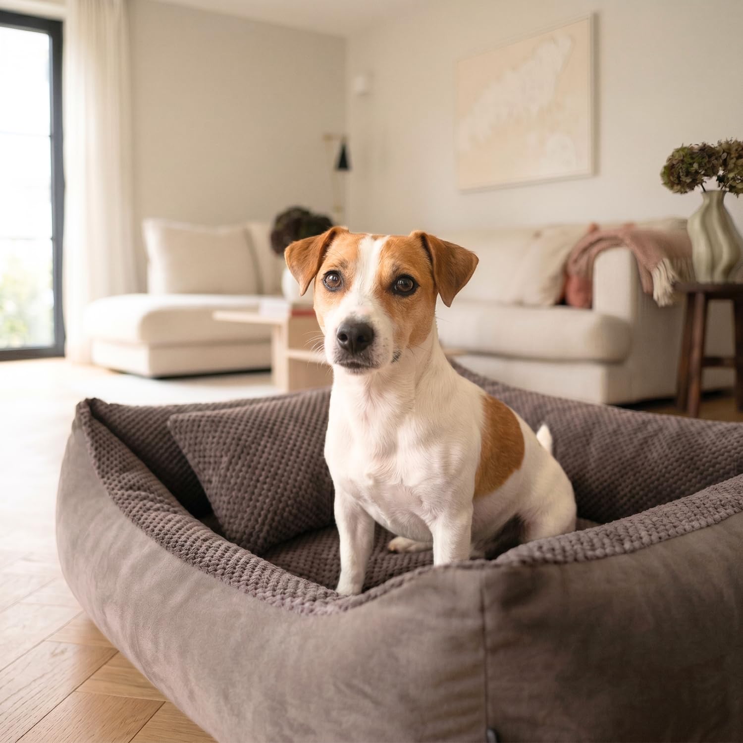 4L Textil TEO Cama para Perros Medianos Lavable y Desenfundable – Sofá para Perros en Tejido Resistente, Cojín Cómodo – 80x60 cm, Marrón | Con cremallera, lavable a máquina