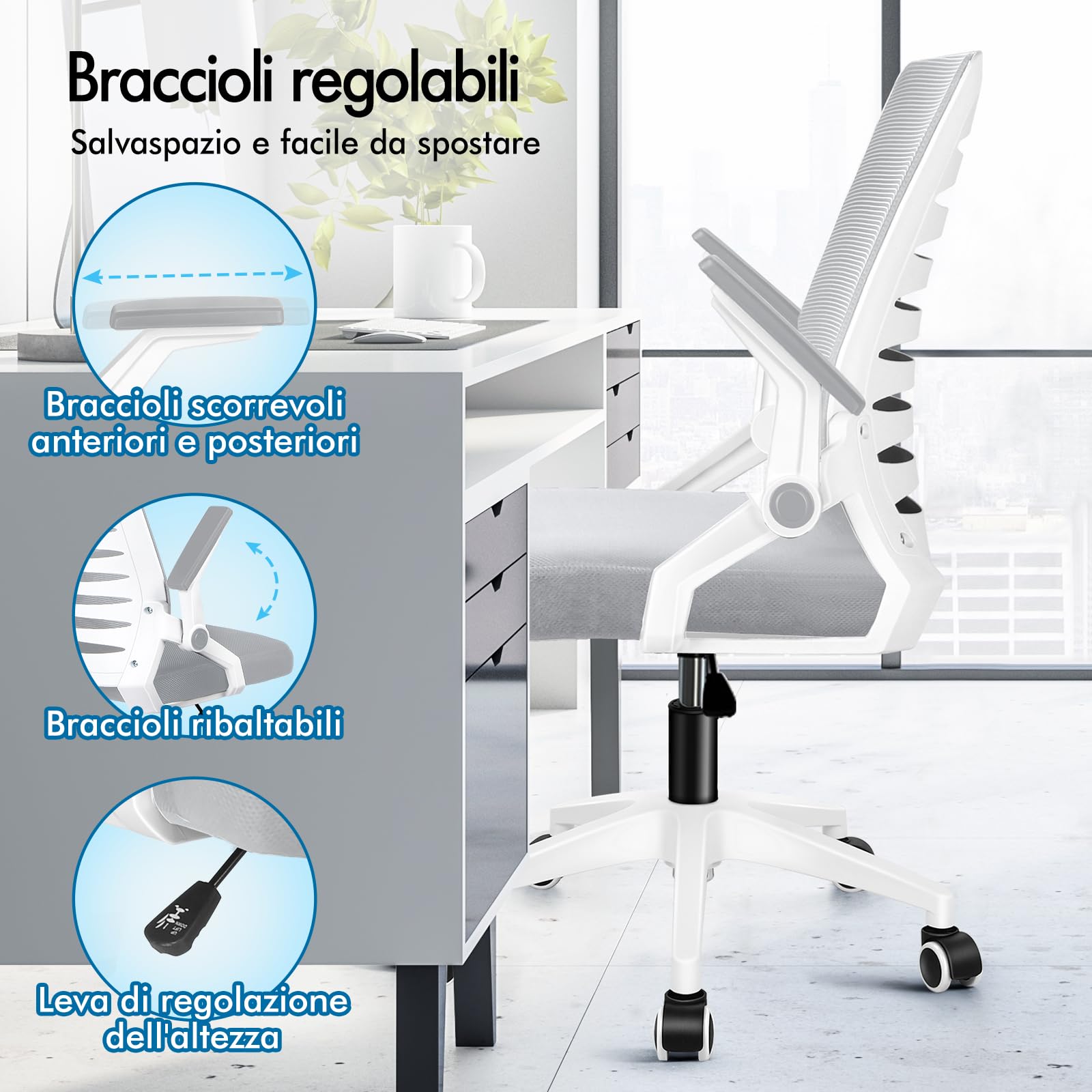 ALFORDSON Sedia Ufficio Ergonomica con Braccioli Pieghevoli Bianca e grigia | Poltrona Scrivania Girevoli in Rete Serie WALE, Funzione di Inclinazione, Portata 150 kg, Altezza regolabile