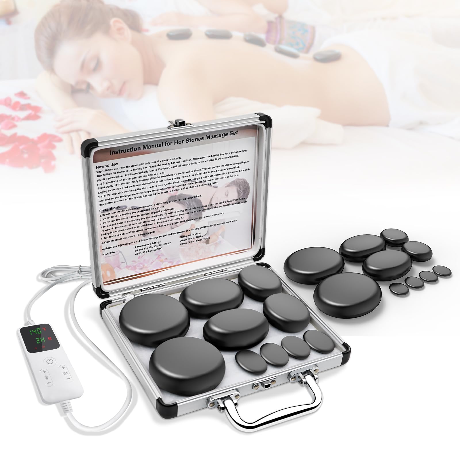 Professioneller Heiße Steine Erwärmer, Massagesteinwärmer-Set, Tragbares Elektrisches Hot Stone Massage Set, 10 Stück Heiße Massagesteine aus Basalt, Für Massagetherapy&Entspannung&SPA-Behandlung