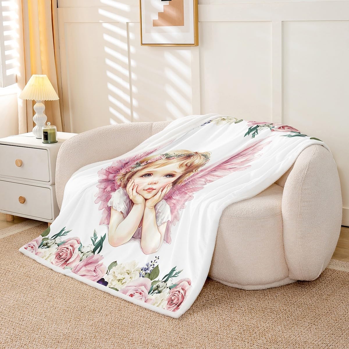 Angle Flannel Fleece Blanket,Watercolor Flower Super Soft Blanket for Bed Sofa Couch,Girly Princess Bed Blanket for Bedroom Decor,Twin 60"x80"