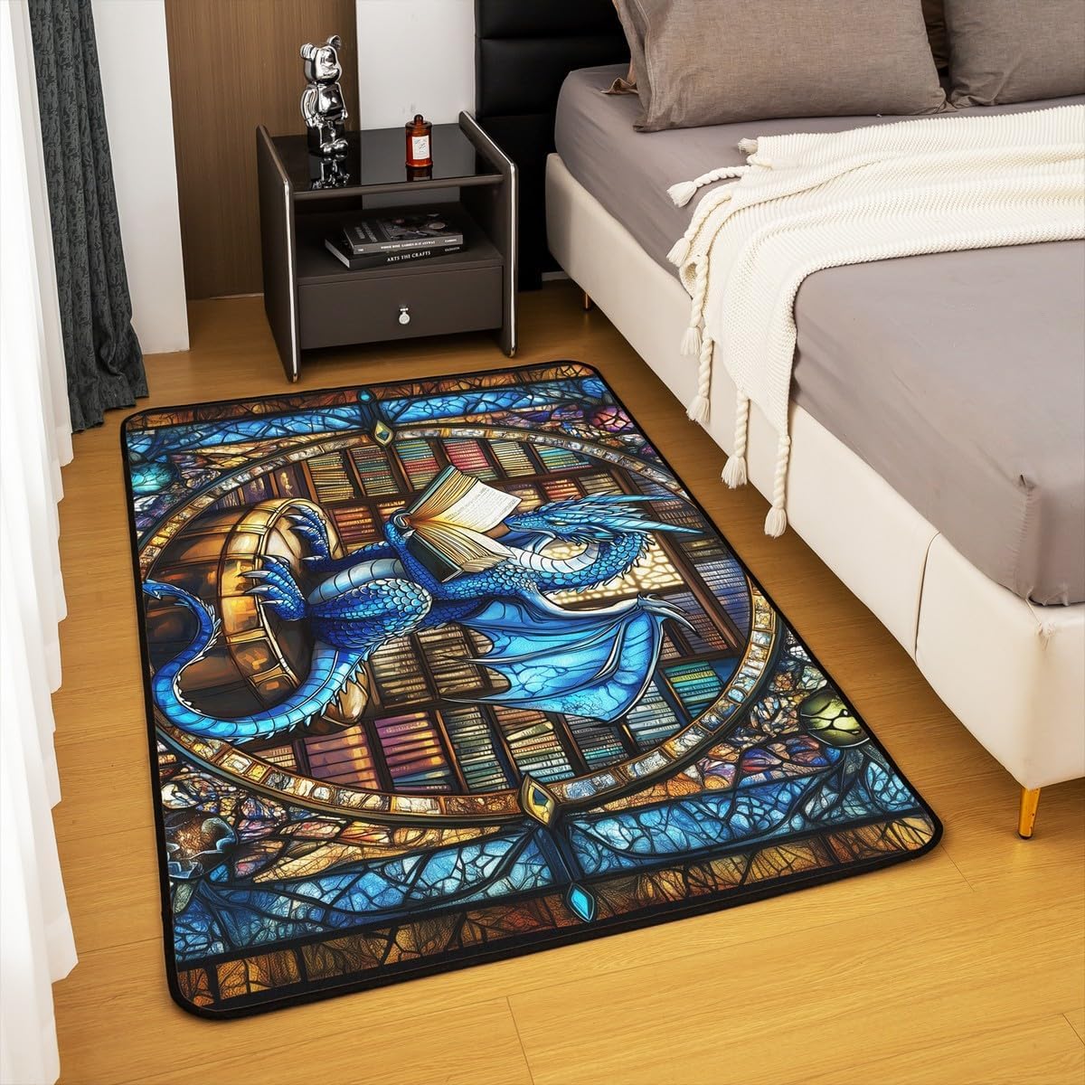 Westlicher Drache Wohnzimmer Teppich 150x200cm Geometrische Fantasy Buchregal Schlafzimmerbereich Teppich für Jungen Mädchen Trippy Chic Bodenmatte Heimdekor