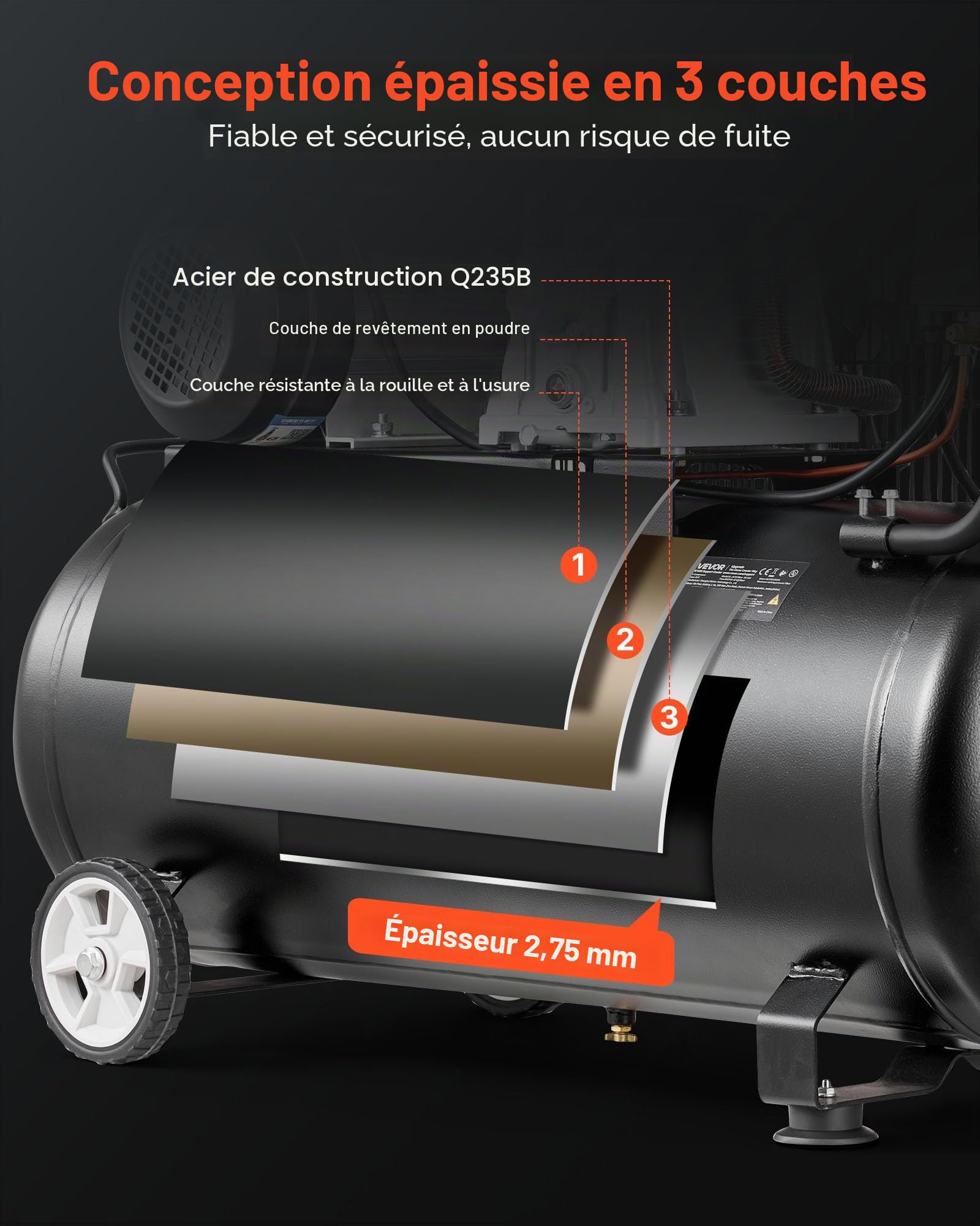 VEVOR Compresseur à Air 100 L Réservoir Compresseur d'Air à Courroie 3 kW pour Réparation Automobile, Gonflage Pneus, Peinture Pistolet, Clouage Bois, 226 L/min à 6,2 bar, Max. 10 bar, Portatif Mobile
