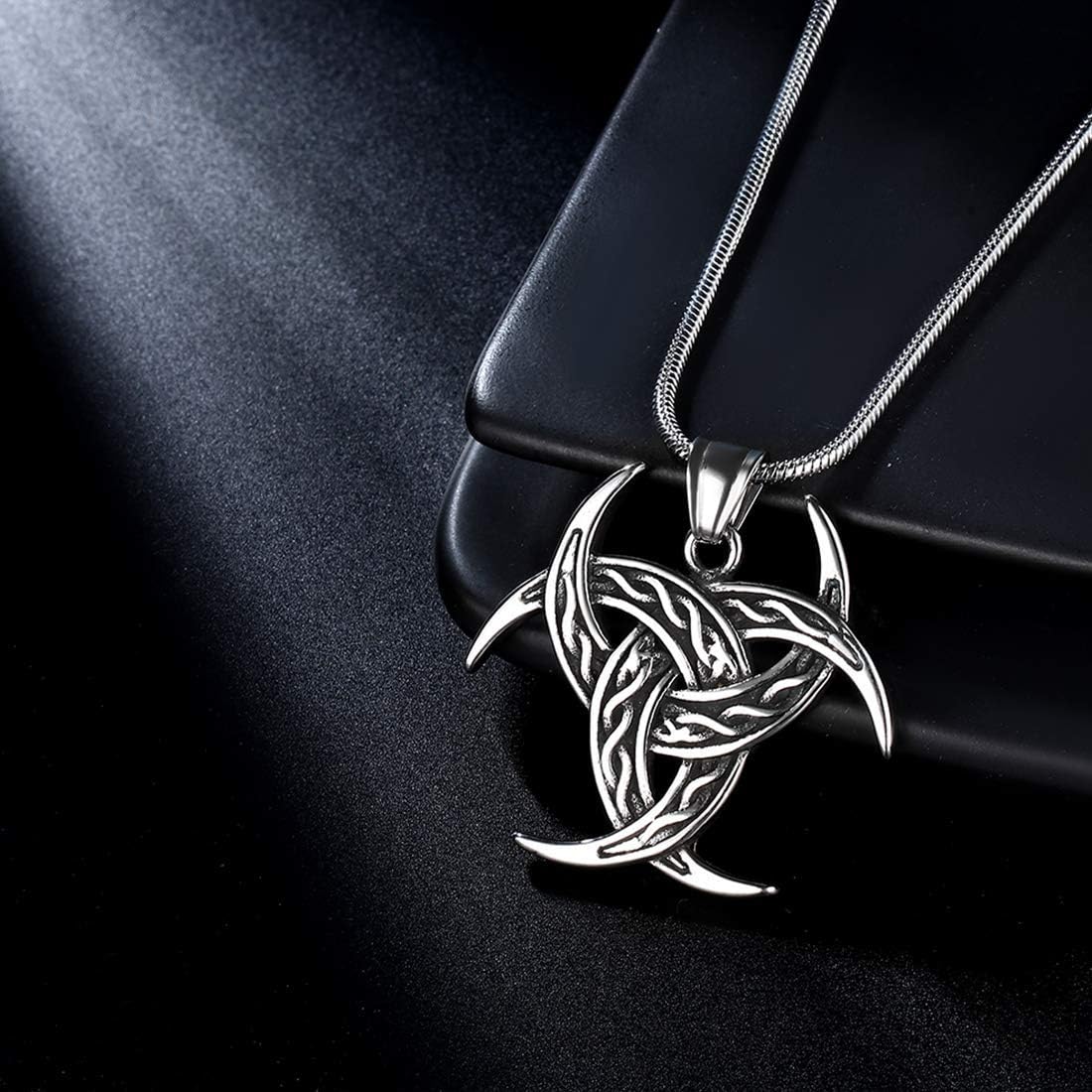 Celtic Knot Necklace Viking Pendant - Celtic Norse Triple Odin Horns Crescent Moon of Oden Horn Necklace Mens 316L Stainless Steel Triskelion Amulet Pewter Tribal Protection Viking Triskele Jewelry - Image 8