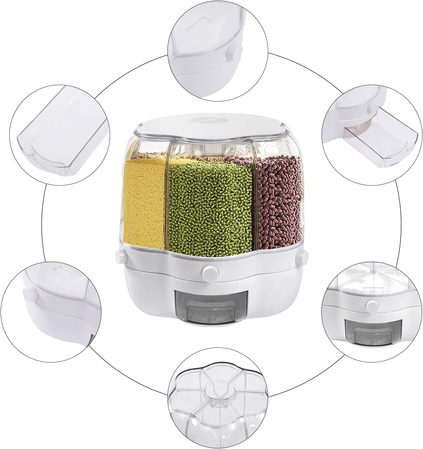 Diagram showing various components of the EcoTypee 6-Grid Rotating Rice Dispenser, including the lid, compartments, and dispensing mechanism.