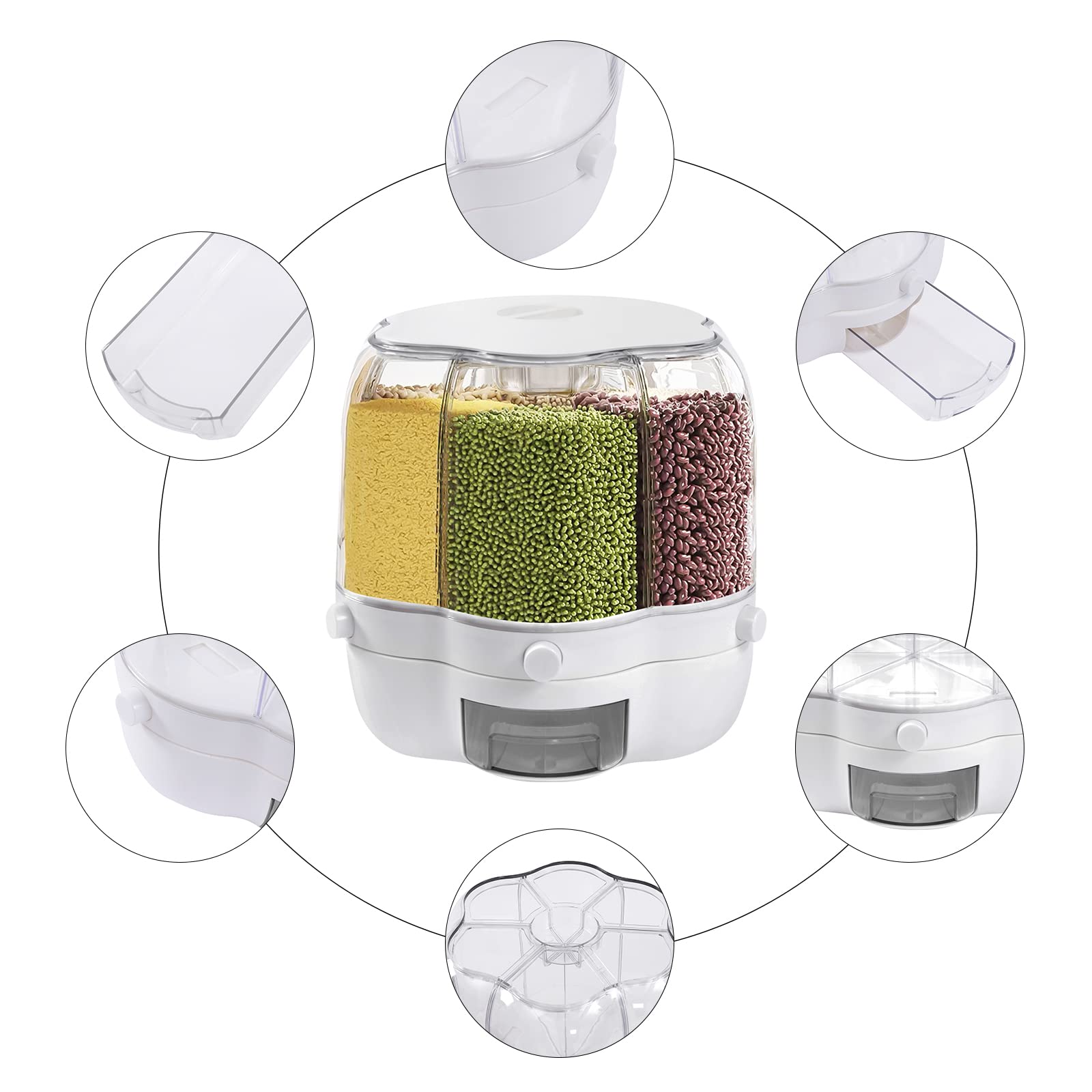 Dispensador de cereales con 6 rejillas, contenedor de arroz, dispensador de alimentos giratorio de 360°, dispensador grande redondo para alimentos secos, dispensador de arroz giratorio con
