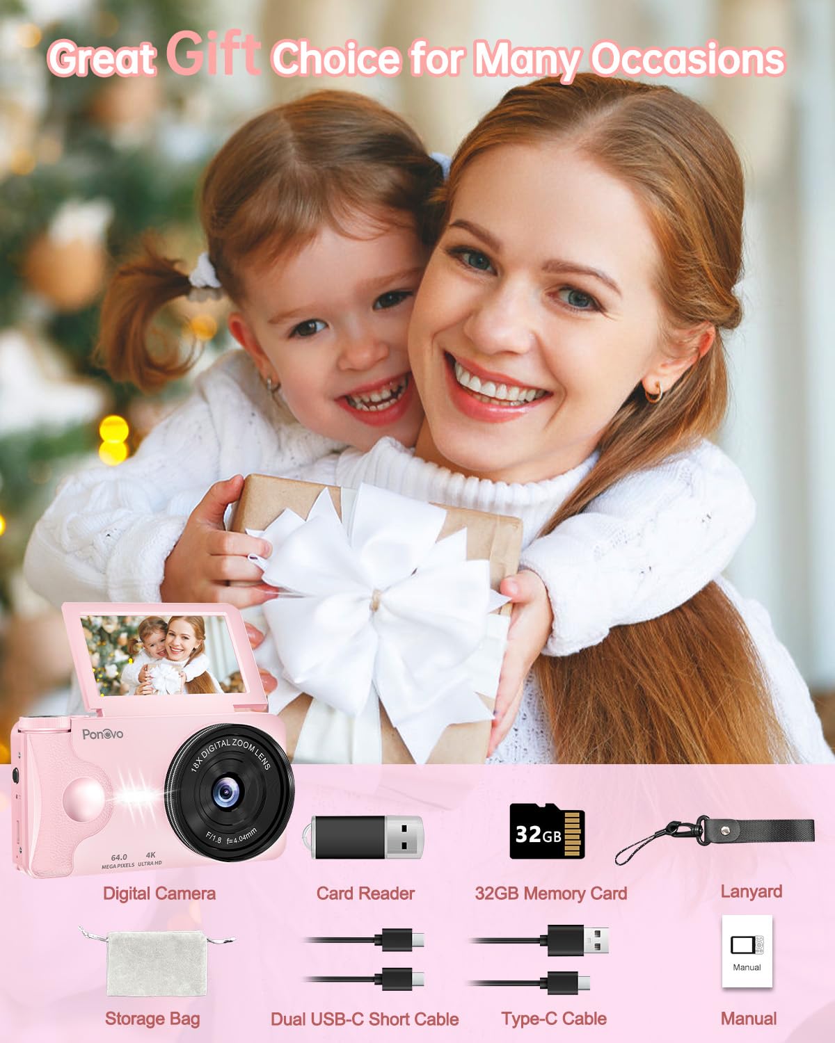 Fotocamera Digitale 4K Videocamera con Schermo 3" Rotante 180° per Vlog, Ponovo Macchina Fotografica Compatta 64MP Autofocus con Zoom Digitale 18X, 2000mAh Fotocamera Portatile 32GB per Studenti Festa