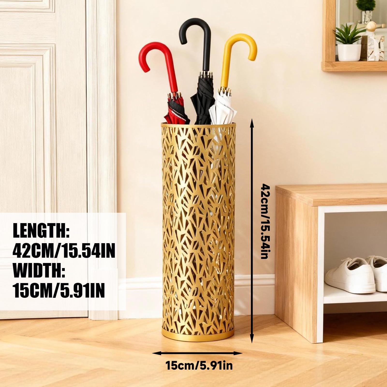 Regenschirmständer, Schirmständer Metall, 5.91x16,54in (ØxH) Schirmständer rund Organizer für Regenschirm, Dreieckiger hohler für Haus Büro Eingang Lagerung Regenschirme (Goldene L)
