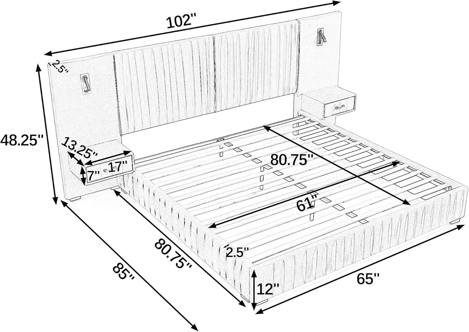 Queen Size Bed Frame with LED Lights and Nightstands, Modern Chenille Upholstered Platform Bed Frame with Oversized Headboard, No Box Spring Needed, Pink
