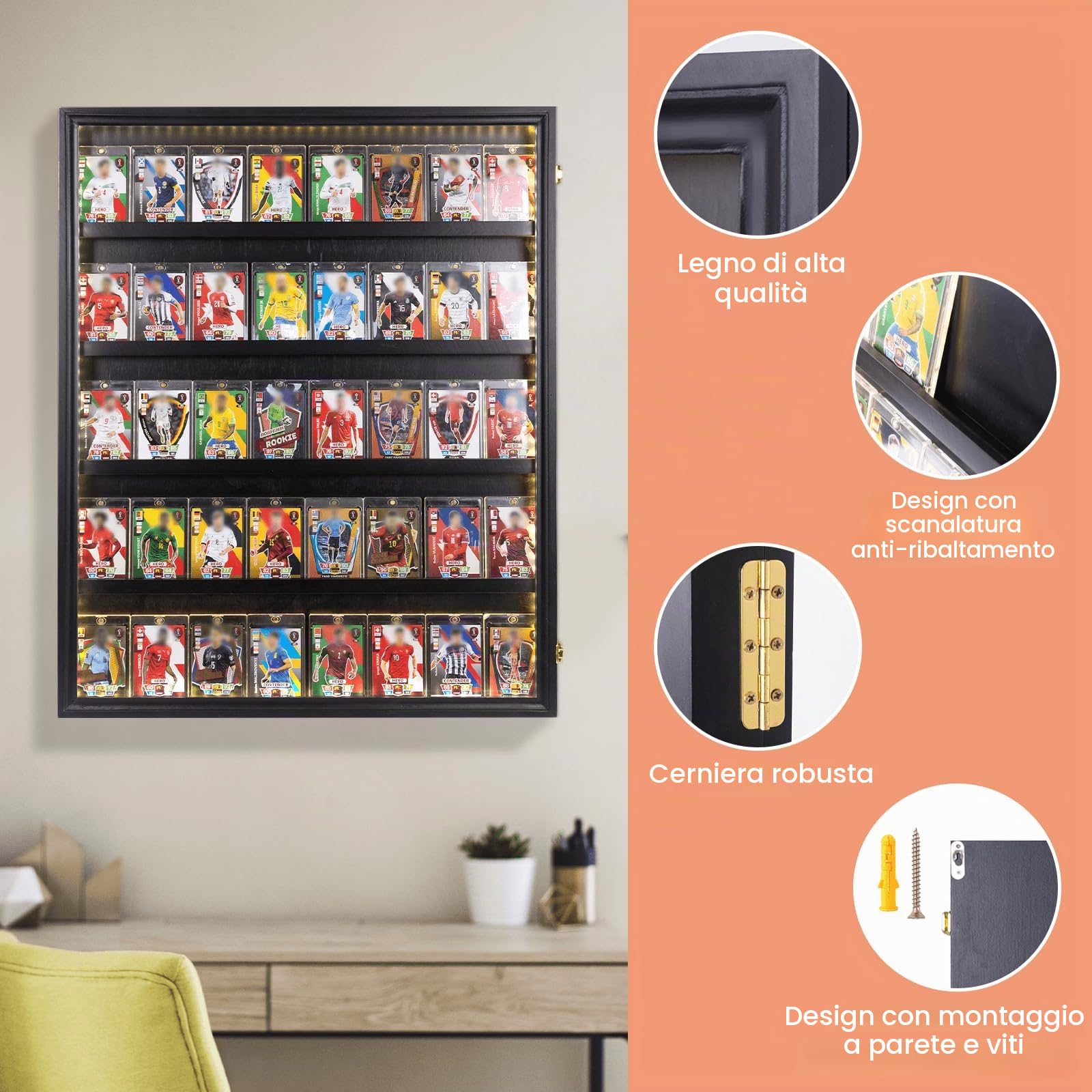 Espositore per 35 carte sportive in legno con luci LED, protezione UV, armadietto da parete in acrilico, per carte collezionabili di calcio e basket (nero)