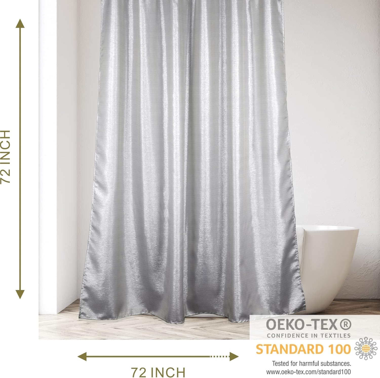 Silver Grey Glitter Curtain & Chrome Button Hooks - 72x72 Waterproof Washable Linen Style Fabric Shower Curtain - 12 PCS Rust Proof Metal Shower Curtain Rings (2 Item Bundle)