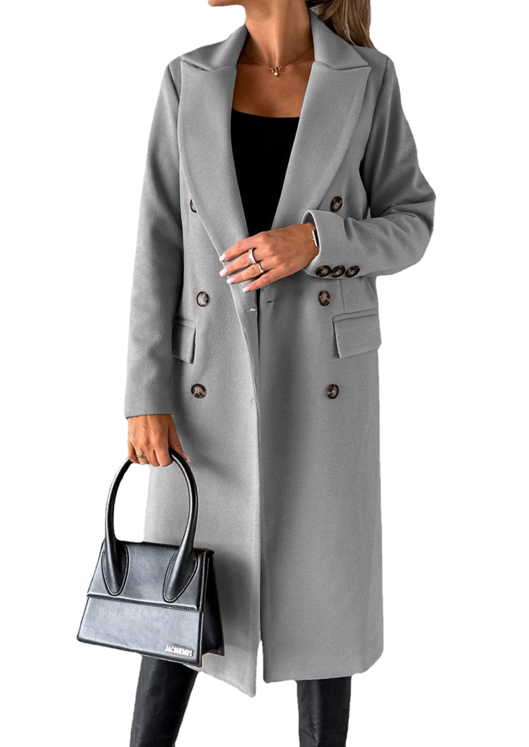 NLAVW Frauen Wollmantel, einfarbig Elegante Lange Übergangsmantel lässig locker Trenchcoat langärmelig Softshell Mantel Jacke Outwear Tops,Grau,M