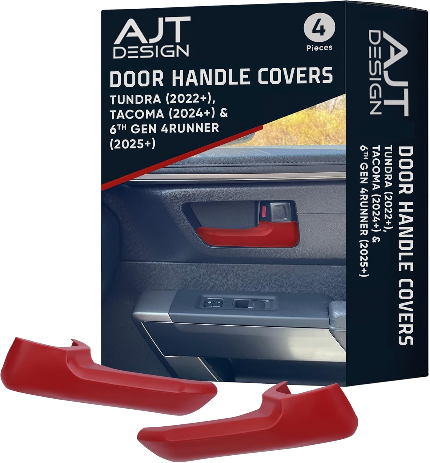 AJT DESIGN Door Handle Covers Compatible with Toyota Tundra (2022+), Tacoma (2024+) & 4Runner (2025+) | Interior Accessories | High Strength ABS Plastic | Made in USA | 4 Piece Set - Red
