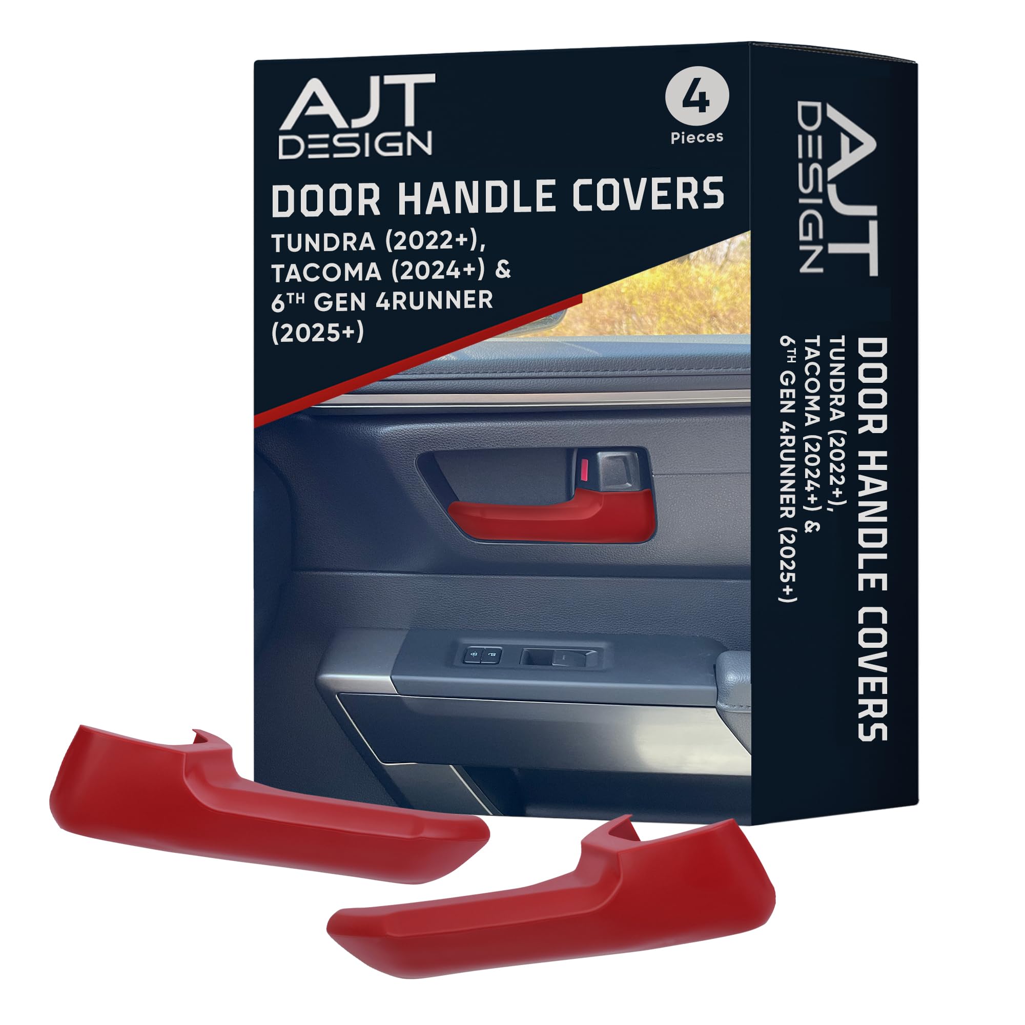 AJT DESIGN Door Handle Covers Compatible with Toyota Tundra (2022+), Tacoma (2024+) &amp; 4Runner (2025+) | Interior Accessories | High Strength ABS Plastic | Made in USA | 4 Piece Set - Red