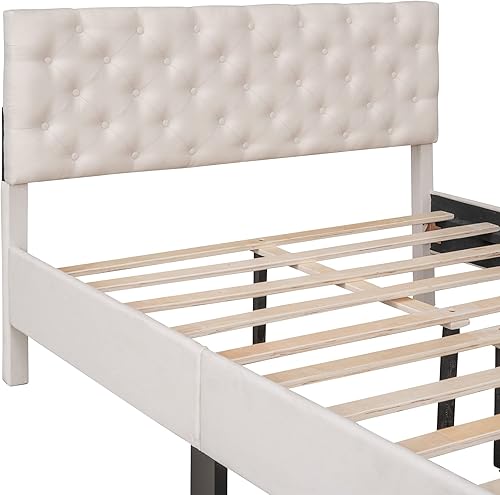 Miniatura 7 de Cama con plataforma tapizada en lino de tamaño matrimonial con cabecero capitonado con botones, para niños, niñas, adolescentes y adultos dormitorio