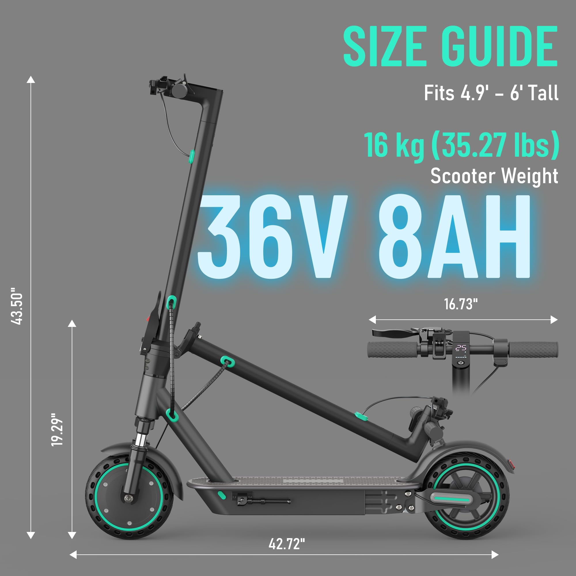 EggKing Patinete eléctrico D8 con doble suspensión, batería de litio de 36 V 10,5 AH