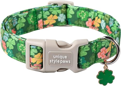 St. Patricks Dog Collar,Unique Style Paws Green Clover Dog Collar,Shamrock Pet Collar,Adjustable Cotton Collar with Quick Release Plastic Buckle for Large Medium Small Dogs