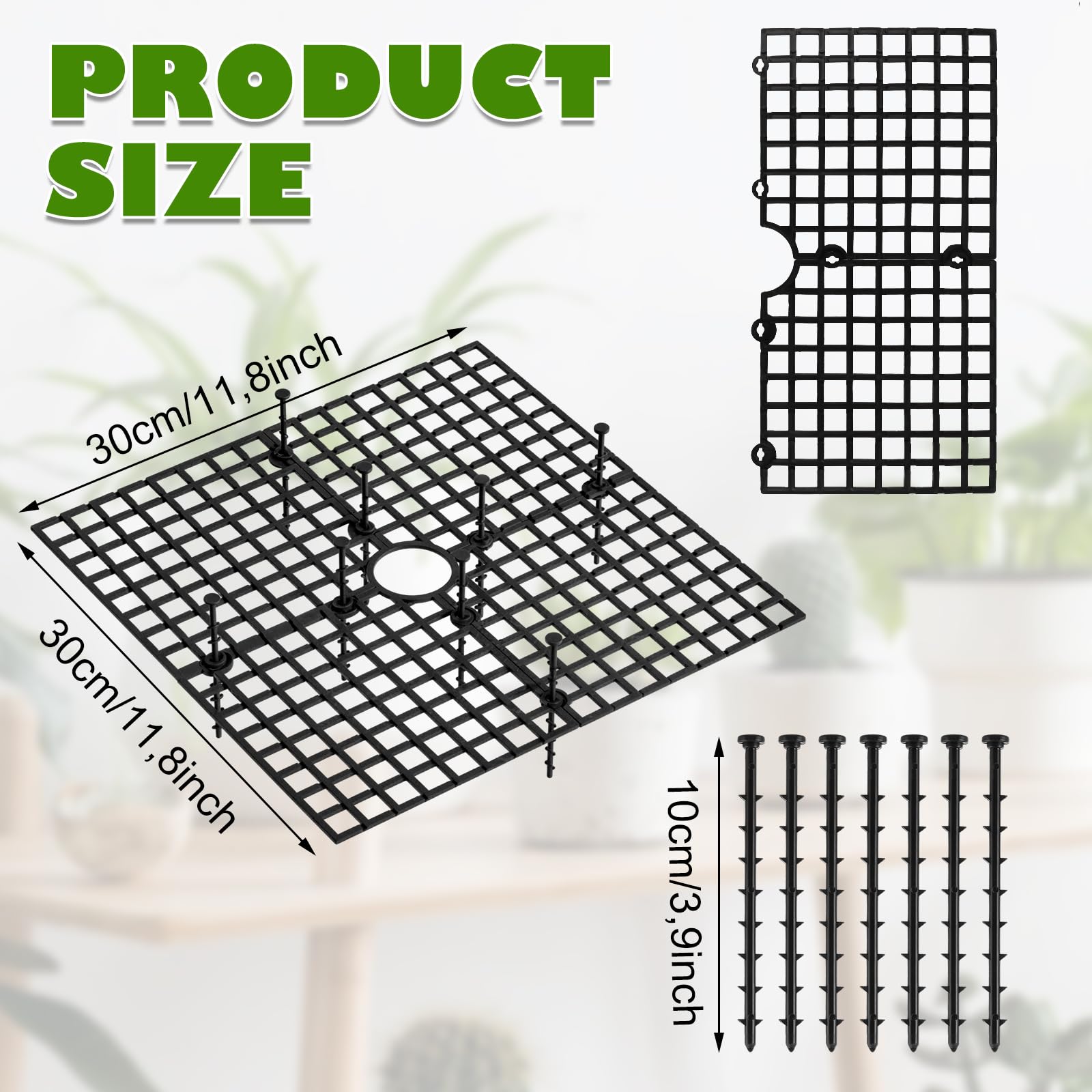 YAYODS 5er Set Blumentopf-Schutzgitter 30 x 30 cm Schwarz - zuschneidbare ABS-Topfabdeckung mit 40 Fixierstiften 10 cm - Pflanzengitter gegen Katzen für Zimmerpflanzen und Pflanzkübel