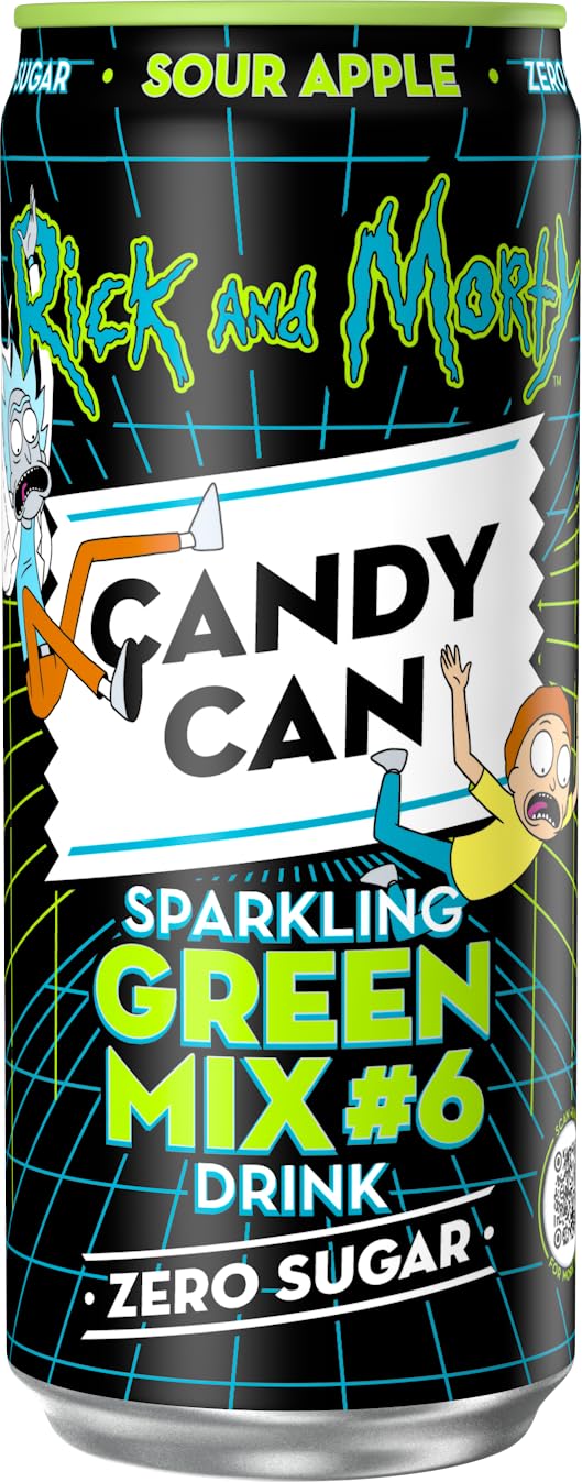 Candy Can, Rick and Morty, Green Mix, Sour Apple Flavoured Fizzy Drink, Nostalgic American Soda Flavours, Sugar Free, Sparkling Pop Cans (1 x 330ml)