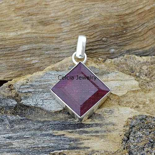 Miniatura 2 de Solid 925 Sterling Silver Pendant for Women Men, Genuine Ruby Faceted Square Pink Gemstone Unique Handcrafted July Birthstone Pendant