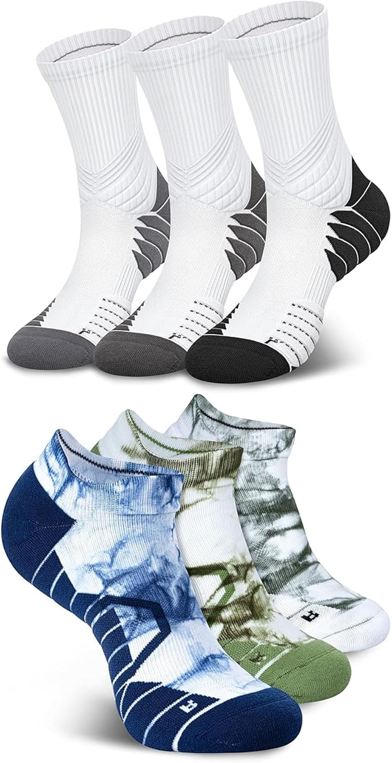 Hylaea 6 Pairs Running Socks for Men, Coolmax Anti-Blister Cushion Socks for Athletic, Padded Moisture Wicking & Seamless Size L Grey & Blue Green White