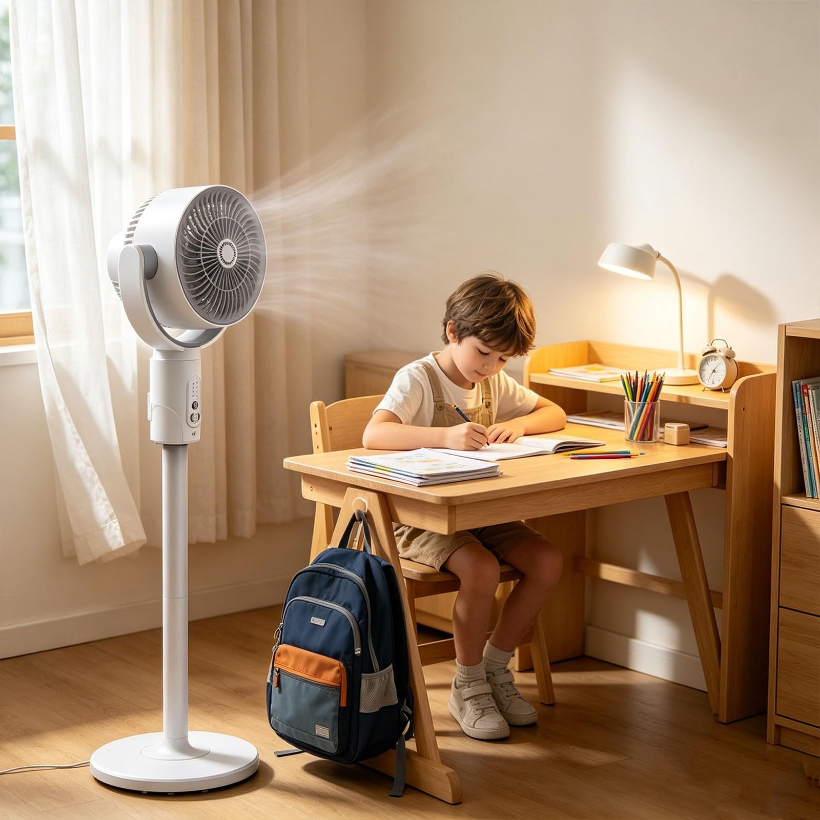 Ventilatore a Pavimento e da Tavolo 3-in-1 a Circolazione d'Aria, Regolabile in Altezza (38-82cm), 5 Velocità, Telecomando, Timer 8h e Ricarica Type-C, Base per Aromaterapia, per Casa e Ufficio
