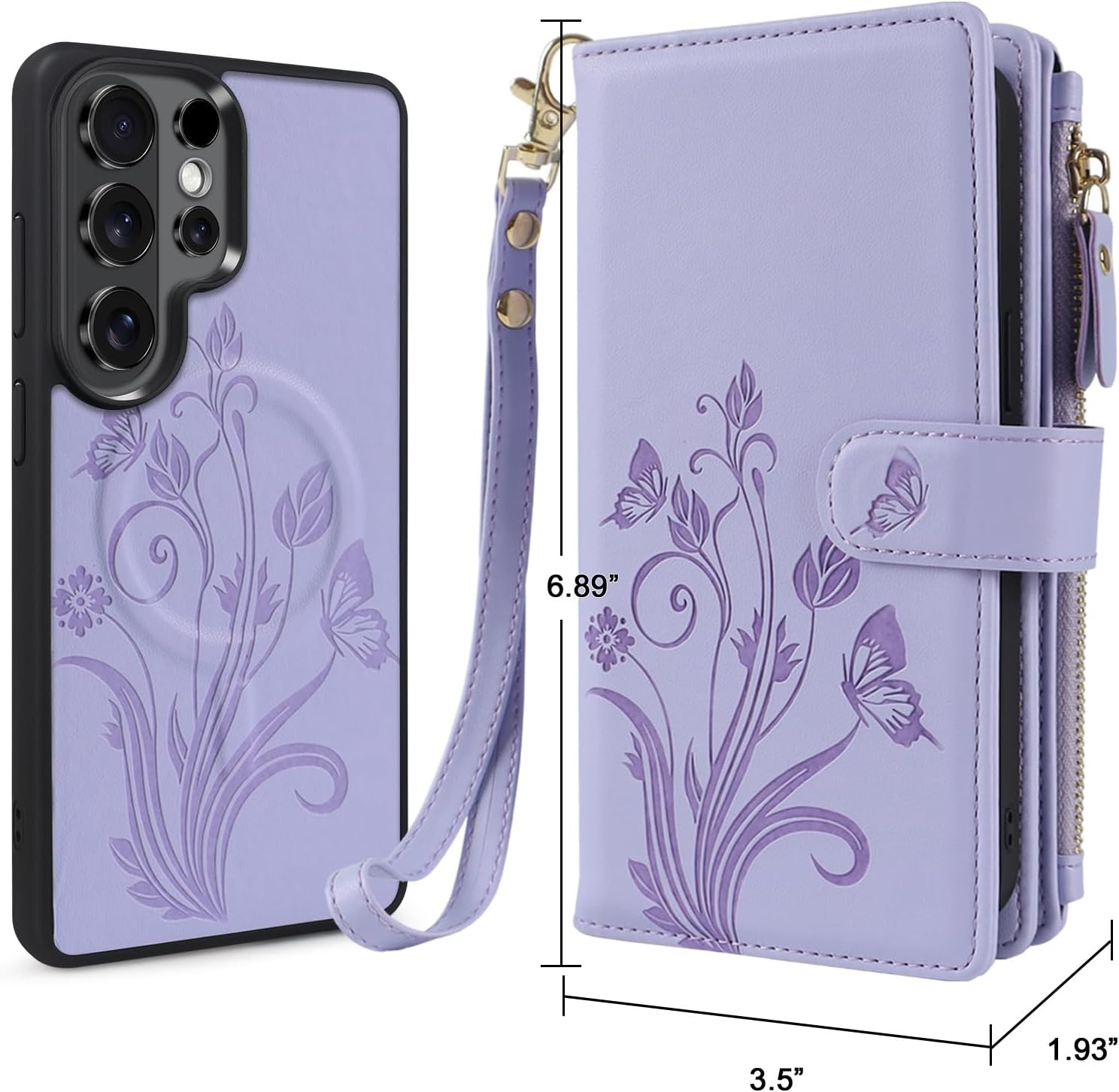 for Samsung Galaxy S26 Ultra Wallet Case,Compatible with MagSafe 2 in 1 Magnetic Detachable PU Leather Cover with RFID Blocking, Card Holder, Zipper,Wrist Strap,Floral Light Purple