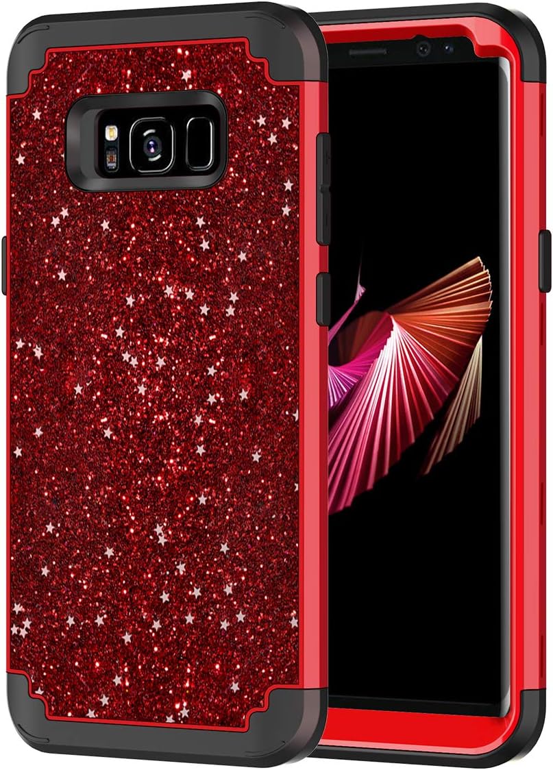 Hekodonk Compatible Galaxy S8 Case,Luxury Stars Sparkle Glitter Shiny Heavy Duty Shockproof Fullbody Protective Impact Hybrid Cover for Samsung Galaxy S8 (Bling Red)