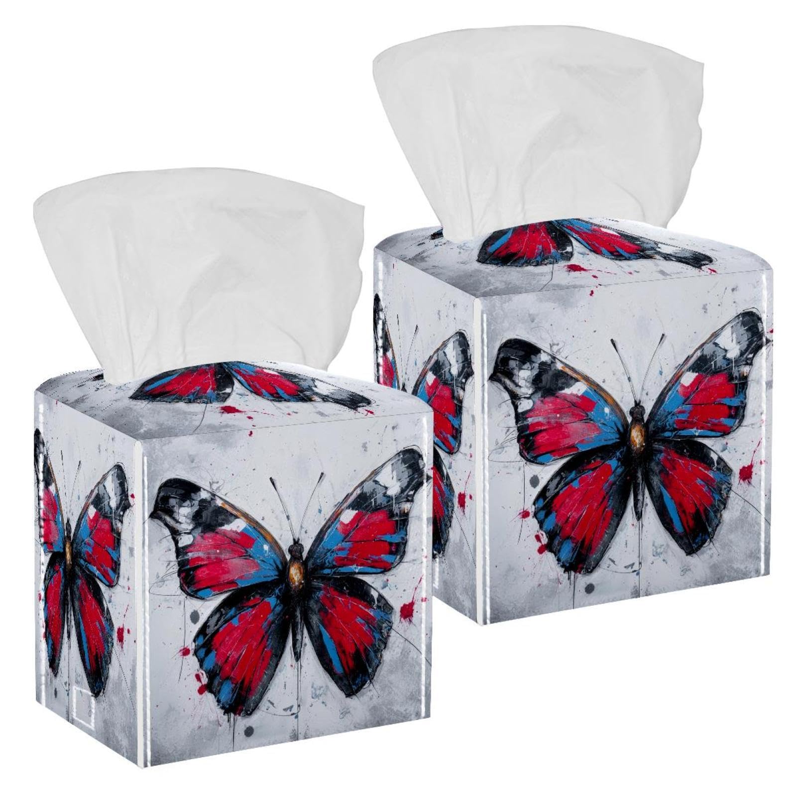 Butterfly Tissue Box Cover, 2 Pack PU Leather Square Facial Tissue Dispenser Box holder for Home Office Car