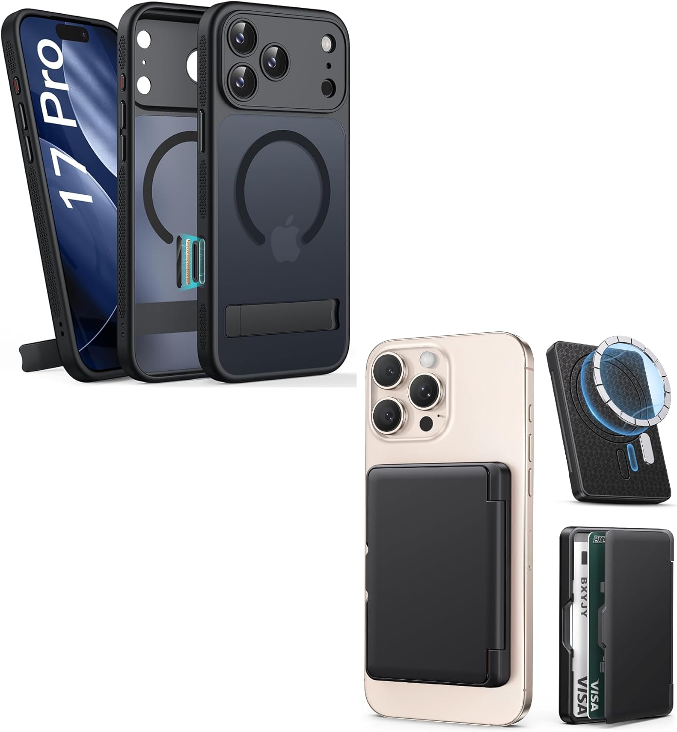 for iPhone 17 Pro Magnetic Stand Case with Black Magnetic Wallet, Camera Control Button, Full Lens Protection, Compatible with MagSafe, Military Grade Case for iPhone 17 Pro, Black