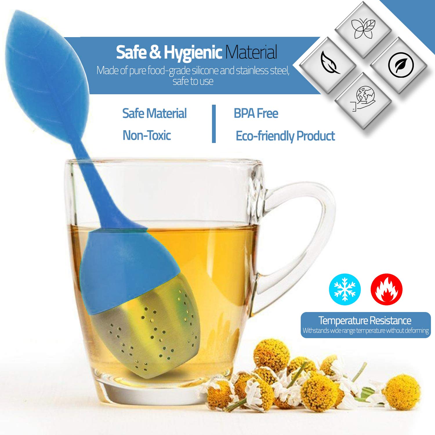 Set Di 2 Infusori Da Tè In Acciaio Inox 304 A Forma Di Foglia Con Vassoio E Manico In Silicone (Blu)