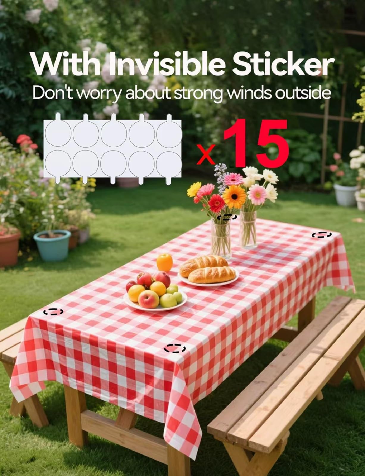 Tovaglia in plastica a rotolo, con comoda scatola scorrevole, tovaglia usa e getta a scacchi rossi per barbecue, feste, compleanni, matrimoni, attività all'aperto con adesivi (rosso bianco