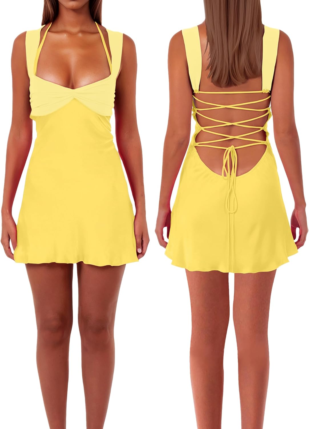 Women’s Mini Dress Patchwork Sleeveless Strapless Lace Up High Waist A-line Elegant Party Clubwear Short Dress