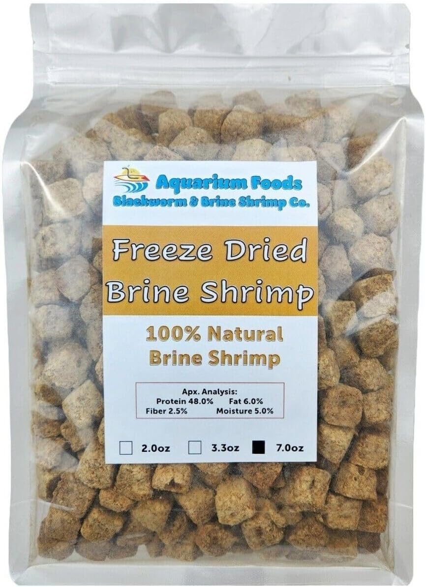 Aquatic Foods Inc. Brine Shrimp, Freeze Dried Floating Brine Shrimp Cubes for All Tropical Fish, Marine Fish, Discus, Cichlids, Koi & Pond Fish, Turtles…7oz Clear Bag