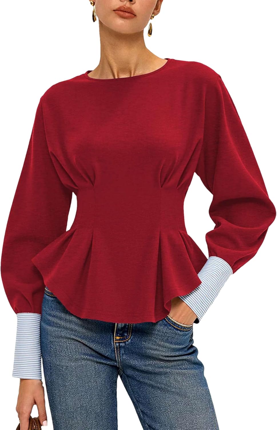 Bozanly Women's Cinch Waist Peplum Sweatshirt Crew Neck Balloon Sleeve Babydoll Pullover Tops