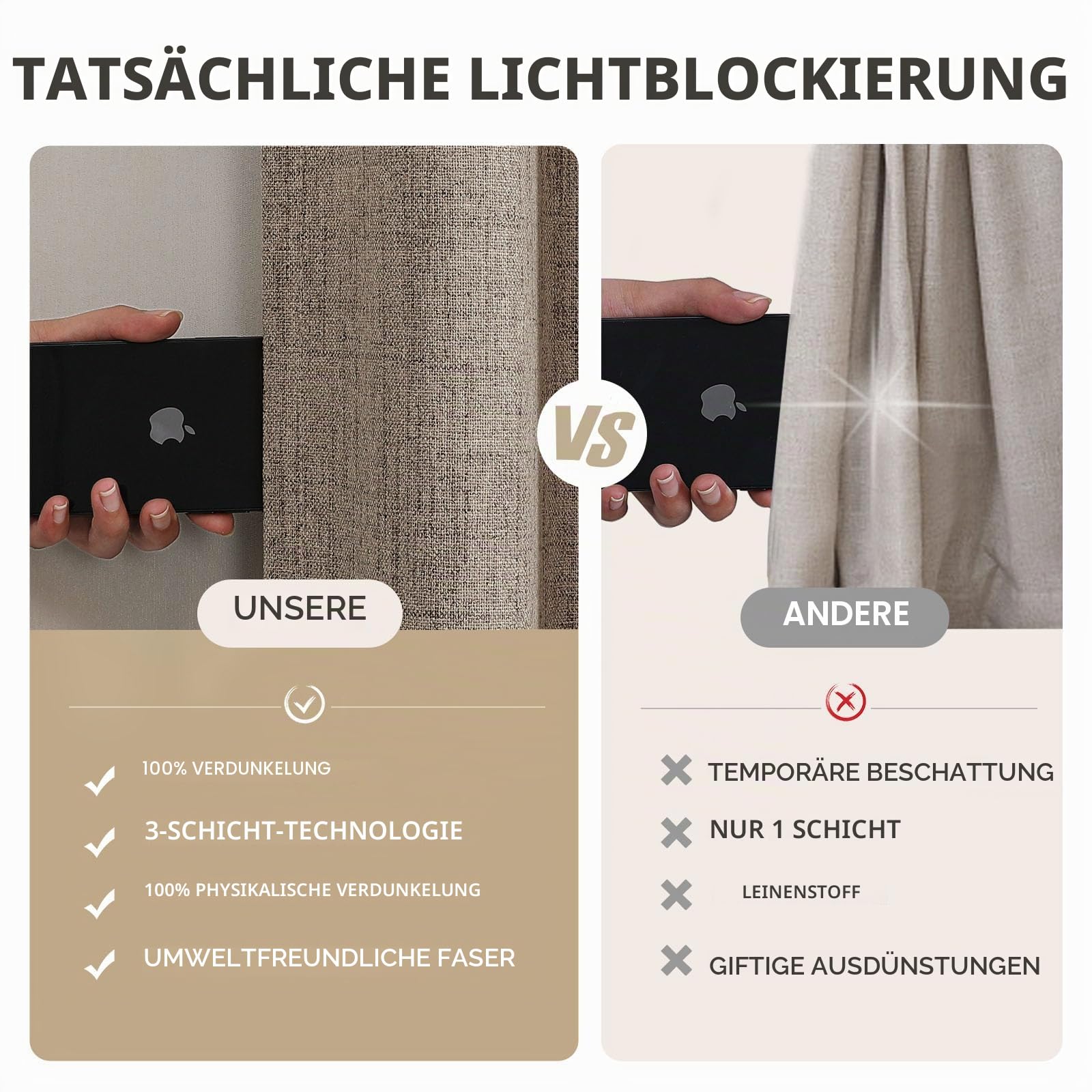 Joydeco 100% Verdunkelungsvorhänge aus Leinen, 2 Paneele, Thermovorhang für Schlaf- & Wohnzimmer, Blickdicht, mit Rückenschlaufen & Stangentasche (132 cm B x 244 cm L, Leinen)