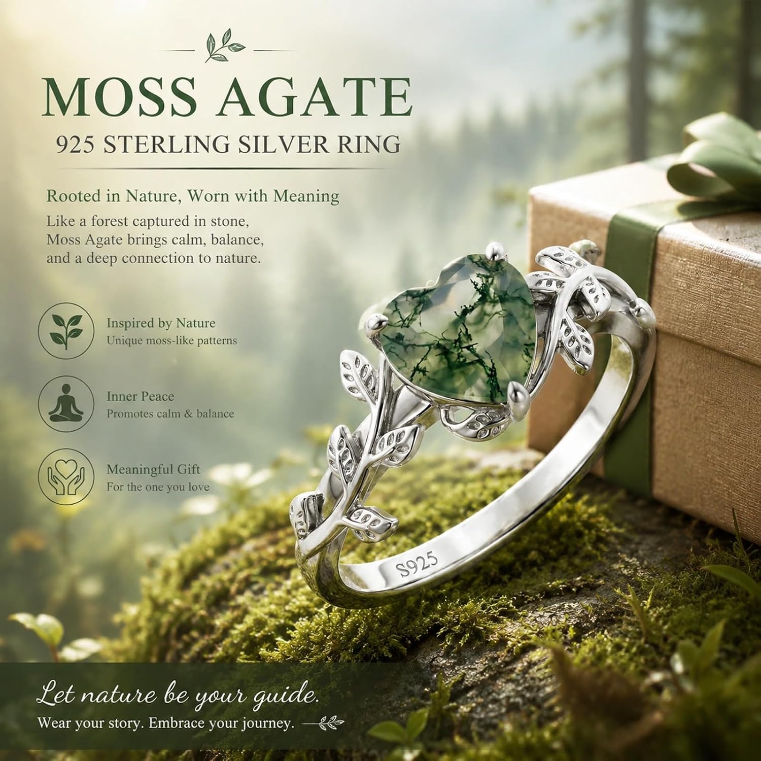 Natural Moss Agate Ring 925 Sterling Silver Green Moss Agate Ring Promise Engagement Wedding Jewelry Gift for Women