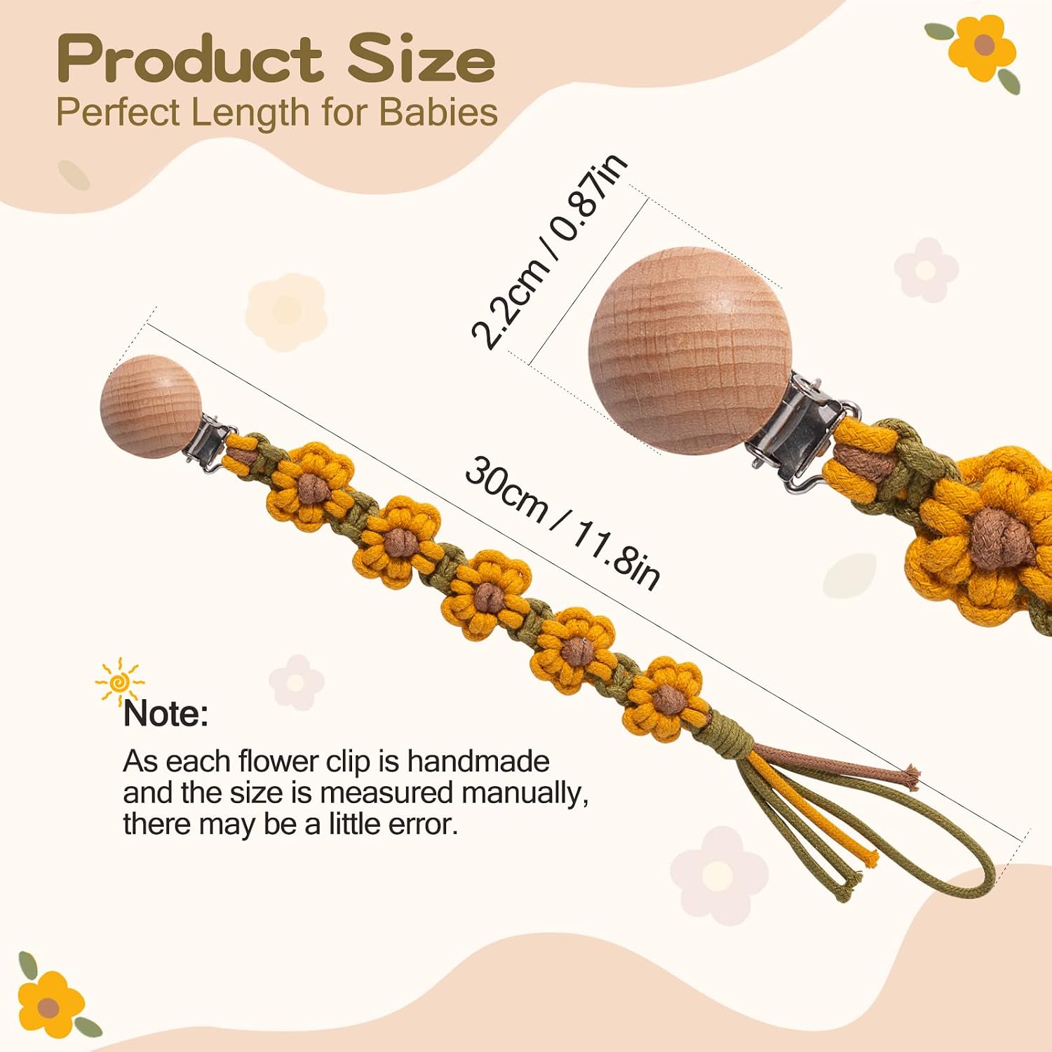 Pacifier Clip for Boys Girls Flower Daisy Macrame Pacifier Holder Leash Boho Wooden Clips Handmade Braided Cotton Paci Clip Baby Shower Birthday Gift image 3