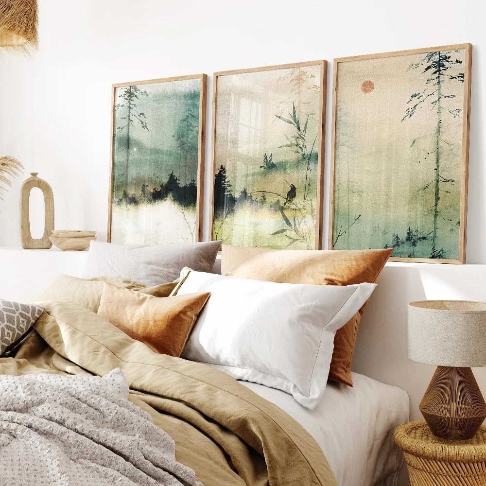 Ltjiajuypd Frameless Wall Art Prints Japanese Art Canvas Prints Decor Mountain Wall Art Minimalist Wall Art Landscape Green Poster(60X80cm-3Pcs)