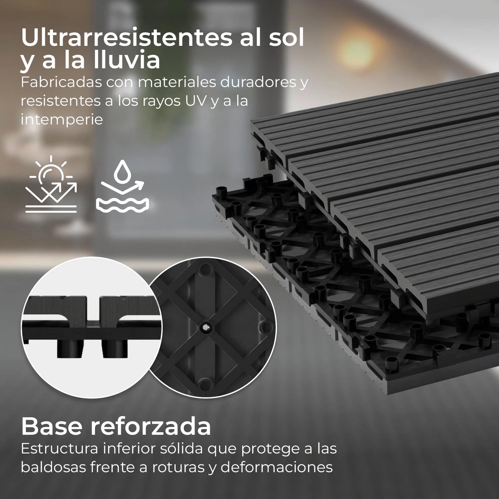 YOEVU - Baldosas de Exterior de Madera Composite WPC | Antideslizantes y Resistentes al Agua | Fácil Instalación | 1.08m² | Set de 6, Patio y Jardín, 30X60cm (Antracita)