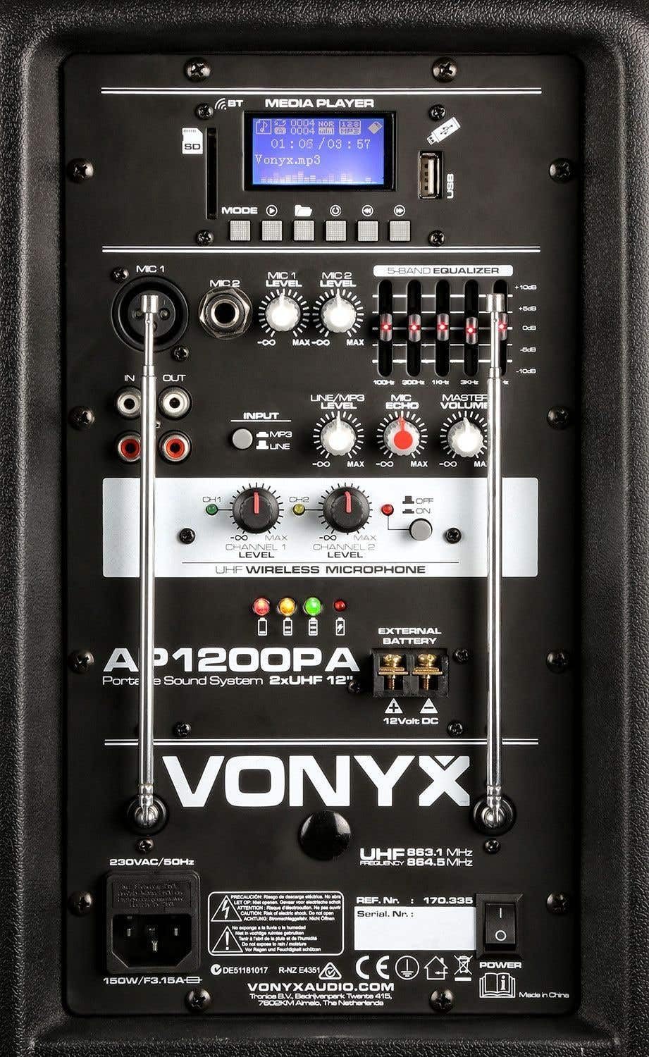 Vonyx AP1200PA - Mobile PA Anlage, Partybox Bluetooth mit Akku, 600 Watt Party Lautsprecher mit UHF-Mikrofon, Kabel-Mikrofon und Wireless Headset, Musikbox Bluetooth Groß, MP3 - USB/SD, Handgriff