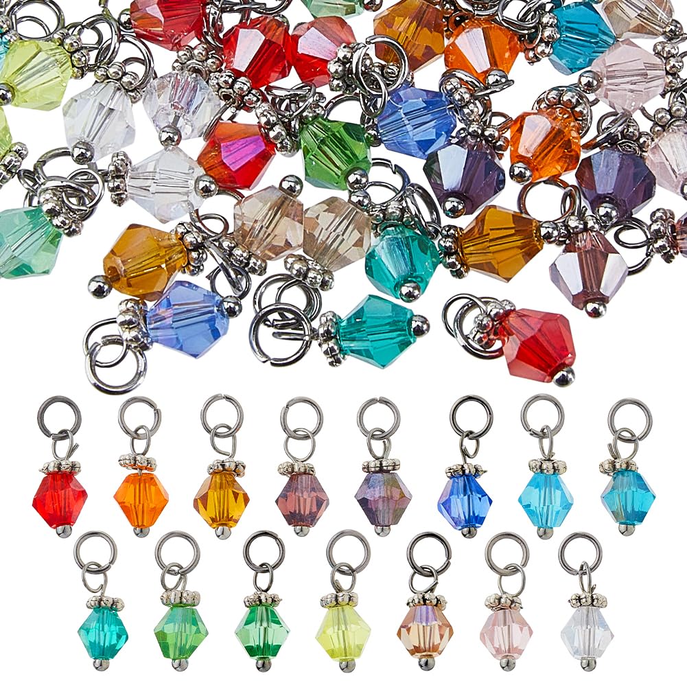 SUPERFINDINGS 90Pcs 15 Colors Faceted Glass Charms Electroplate Glass Beads Bicone Dangle Charms Pendants with Open Jump Rings Charm for Necklace Bracelet Jewelry Making