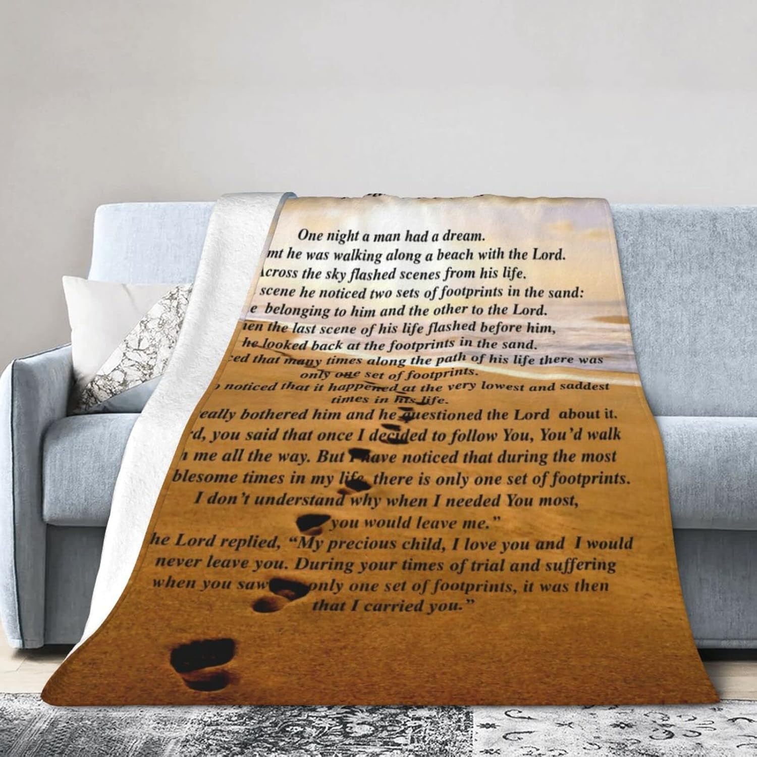 shangtiezao Footprints in The Sand Blanket Positive Poetry Throw Blanket Lightweight Blanket Flannel Blanket for Sofa Couch Bed Super Cozy and Comfy for All Seasons 60"X50"
