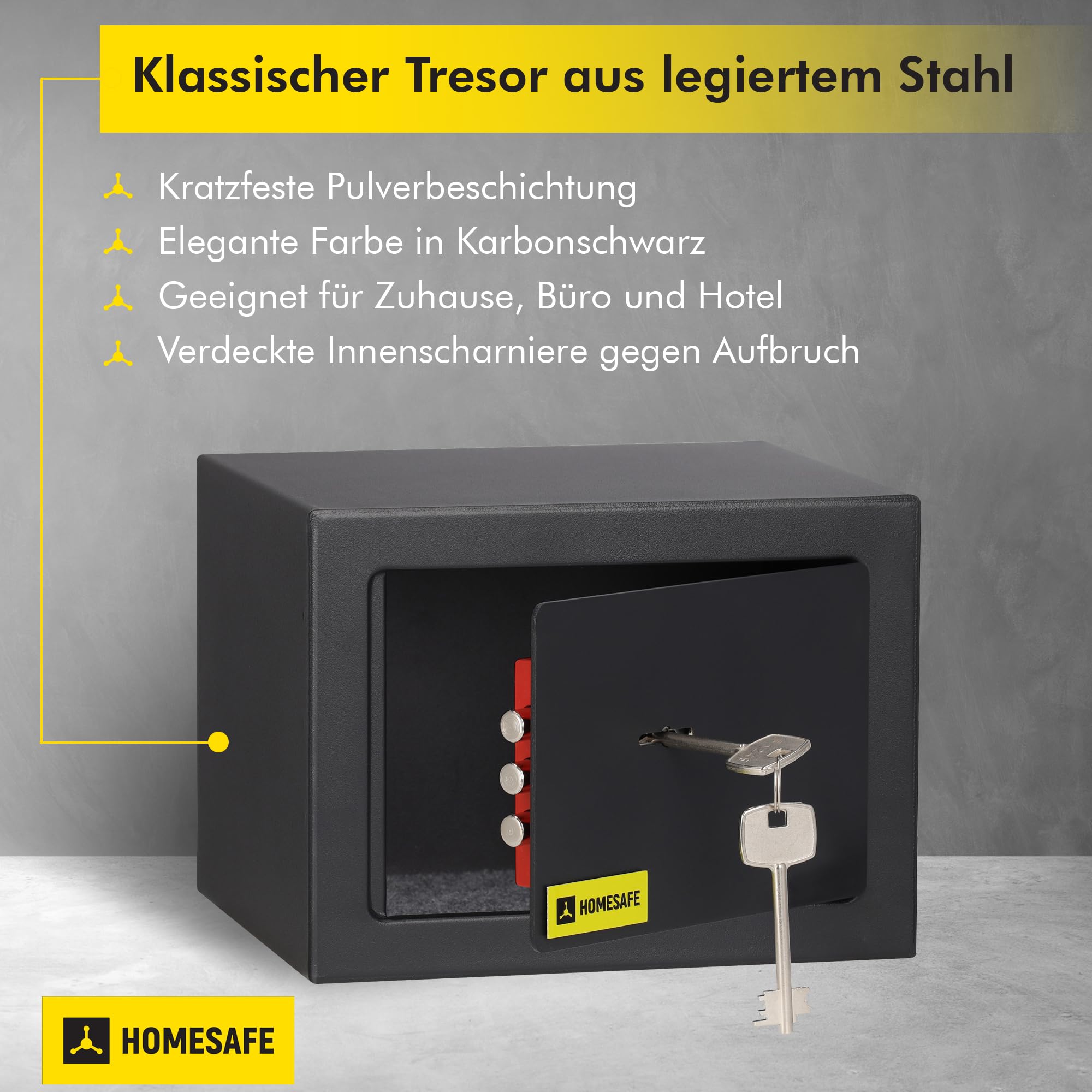 Homesafe HV15K Tresor Safe mit Schlüssel-Schloss, 15x20x17cm (HxWxD ), Carbon Satin Schwarz