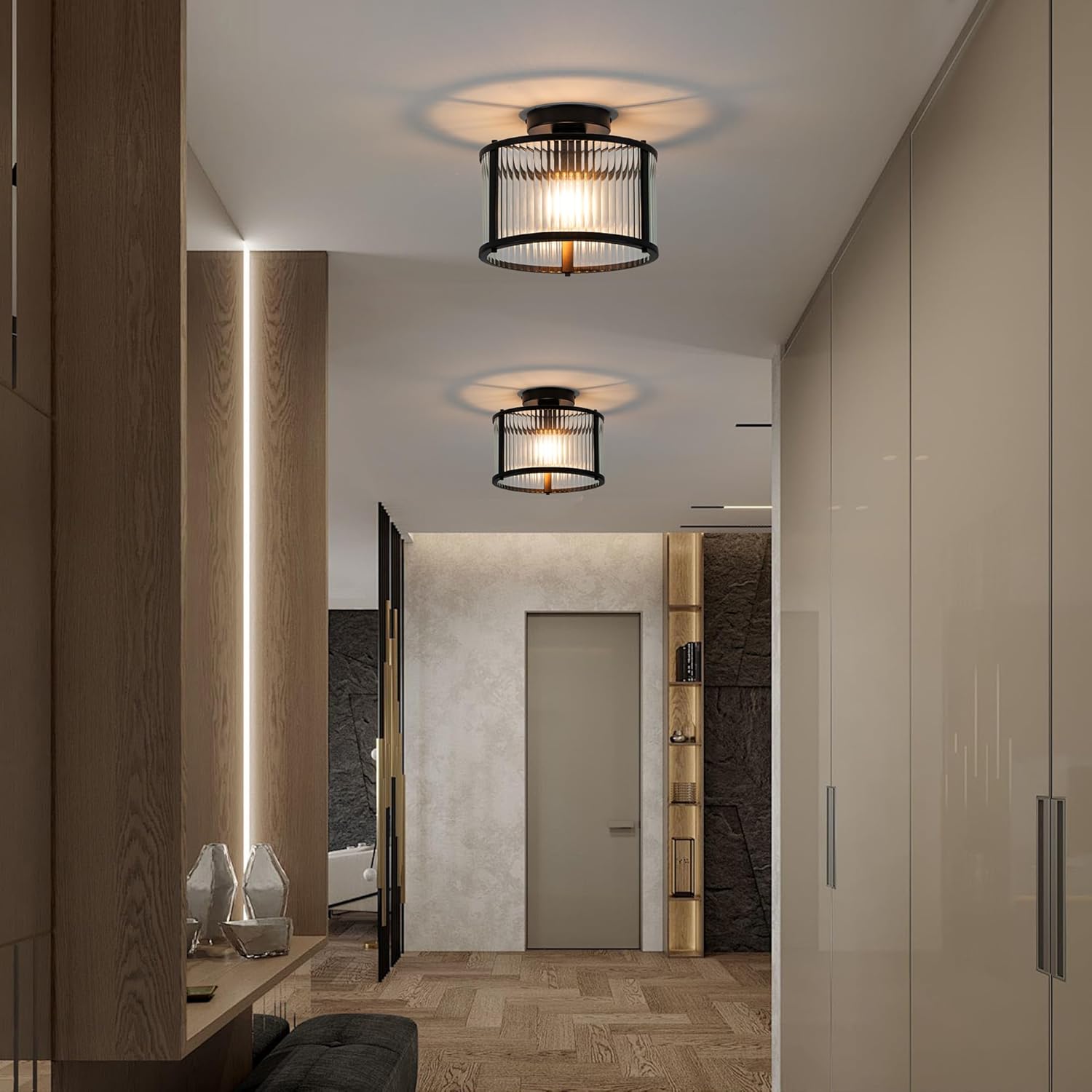 Modern Semi Flush Mount Ceiling Light, Clear Ribbed Glass Ceiling Light Fixture with Black Metal Frame, Farmhouse Light Fixture for Hallway, Bedroom, Entryway, Kitchen，Living Room