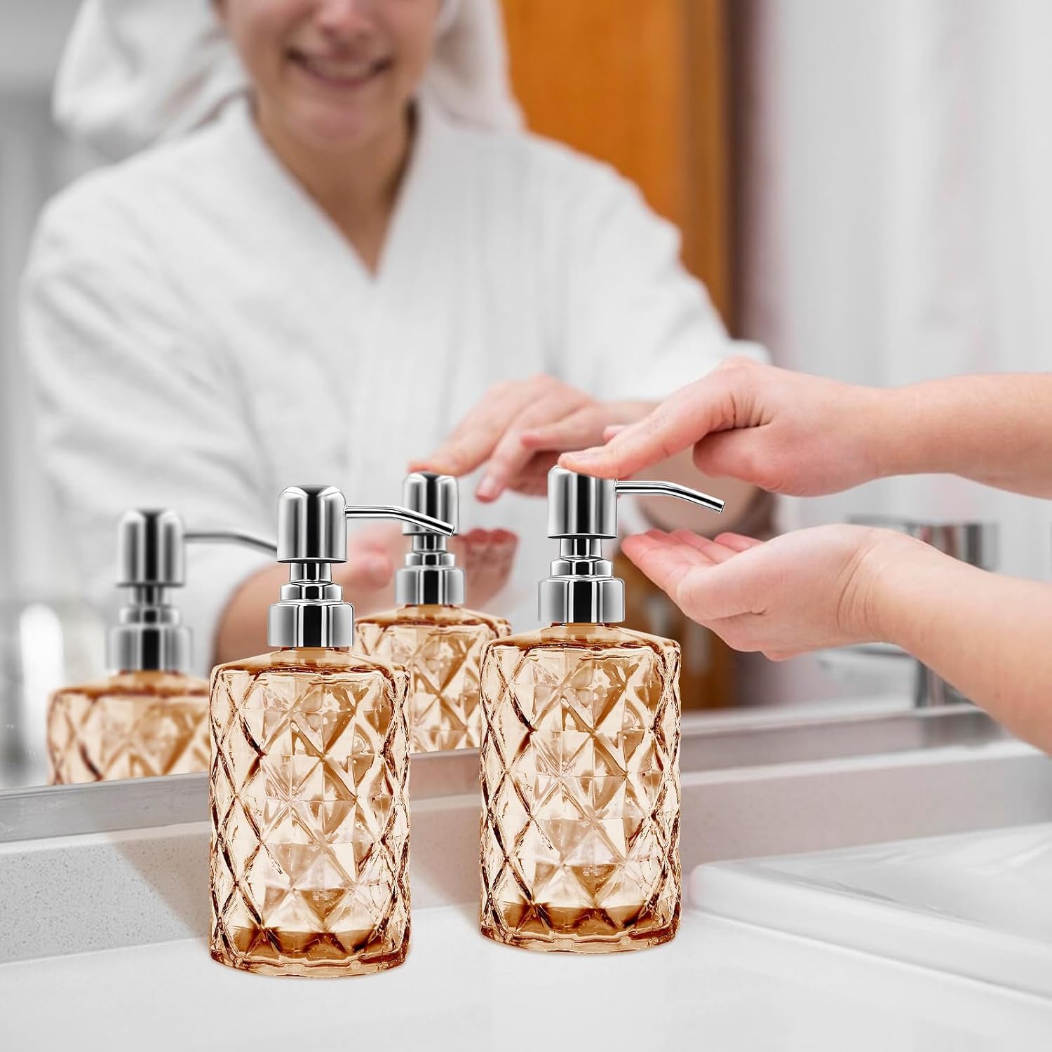 2 Pack 12 Oz Glass Soap Dispenser with Stainless Steel Pump, Refillable Liquid Hand Soap Dispenser for Bathroom, Vanity Countertop, for Kitchen, Laundry Room, Home Decor Accessories (Multicolour) 4