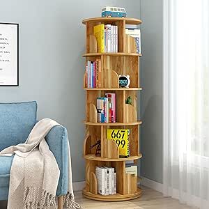 Rotating Bookshelf, Small Corner Bookshelf For Small Space, 360° Display 4 Tier Floor Standing Bookcase Storage Rack, Wood Narrow Round Bookshelf Organizer For Bedroom, Living Room, Natural Blue - View #10