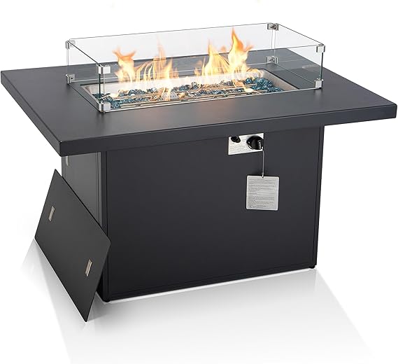 BULEXYARD 43" Aluminum Propane/Natural Gas Fire Pit Table, 60,000 BTU Rectangle Outdoor Patio Firepit Table with Cover, Lid & Wind Guard, Modern CSA-Certified Fireplace for Outside Patio, Dark Grey